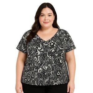 LA Movers Blouse Top 3X Black White Paisley VNeck Pullover Short Sleeve‎ Stretch